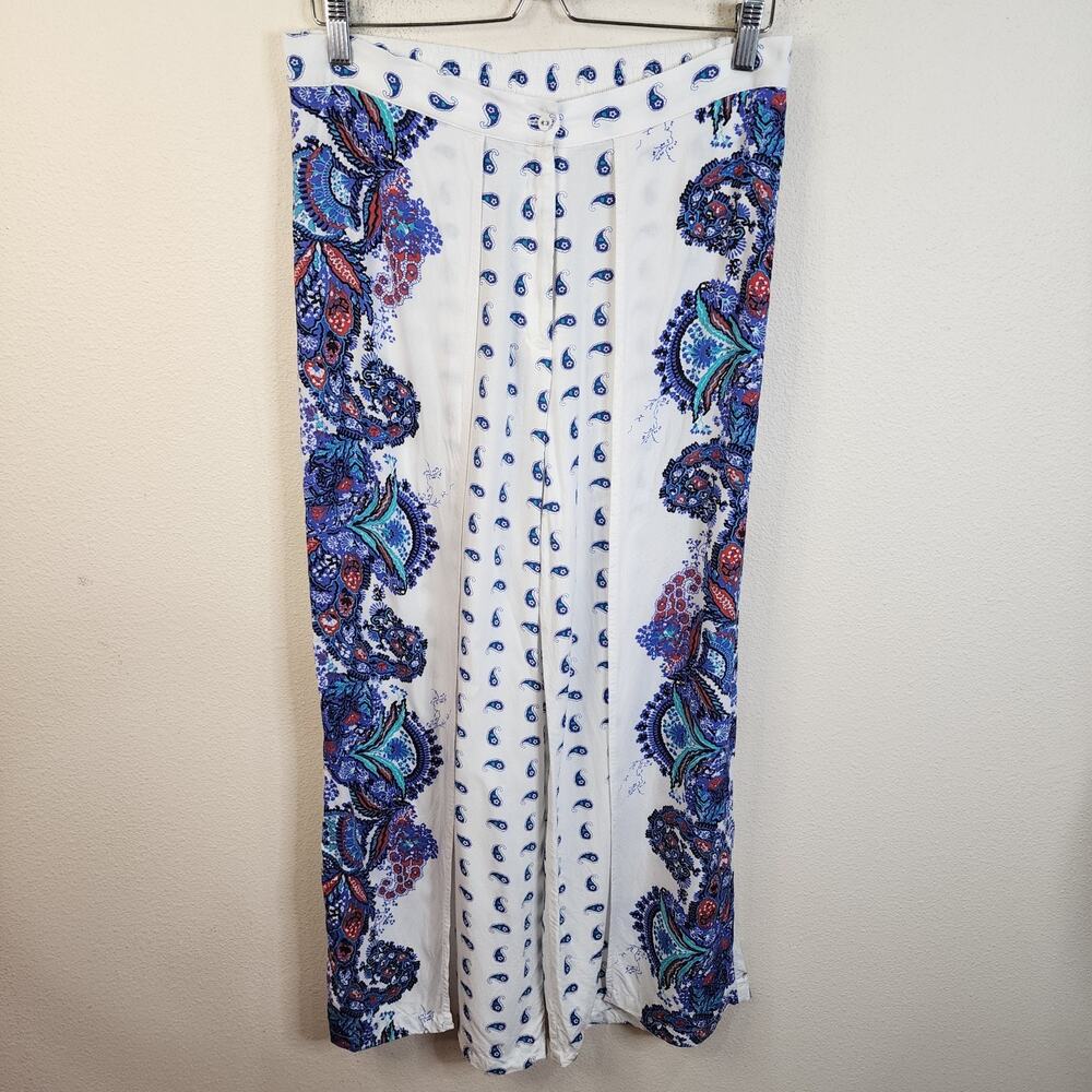 W For Woman Rayon Culotte Pants Boho Side Split Paisley Size 10 White Blue
